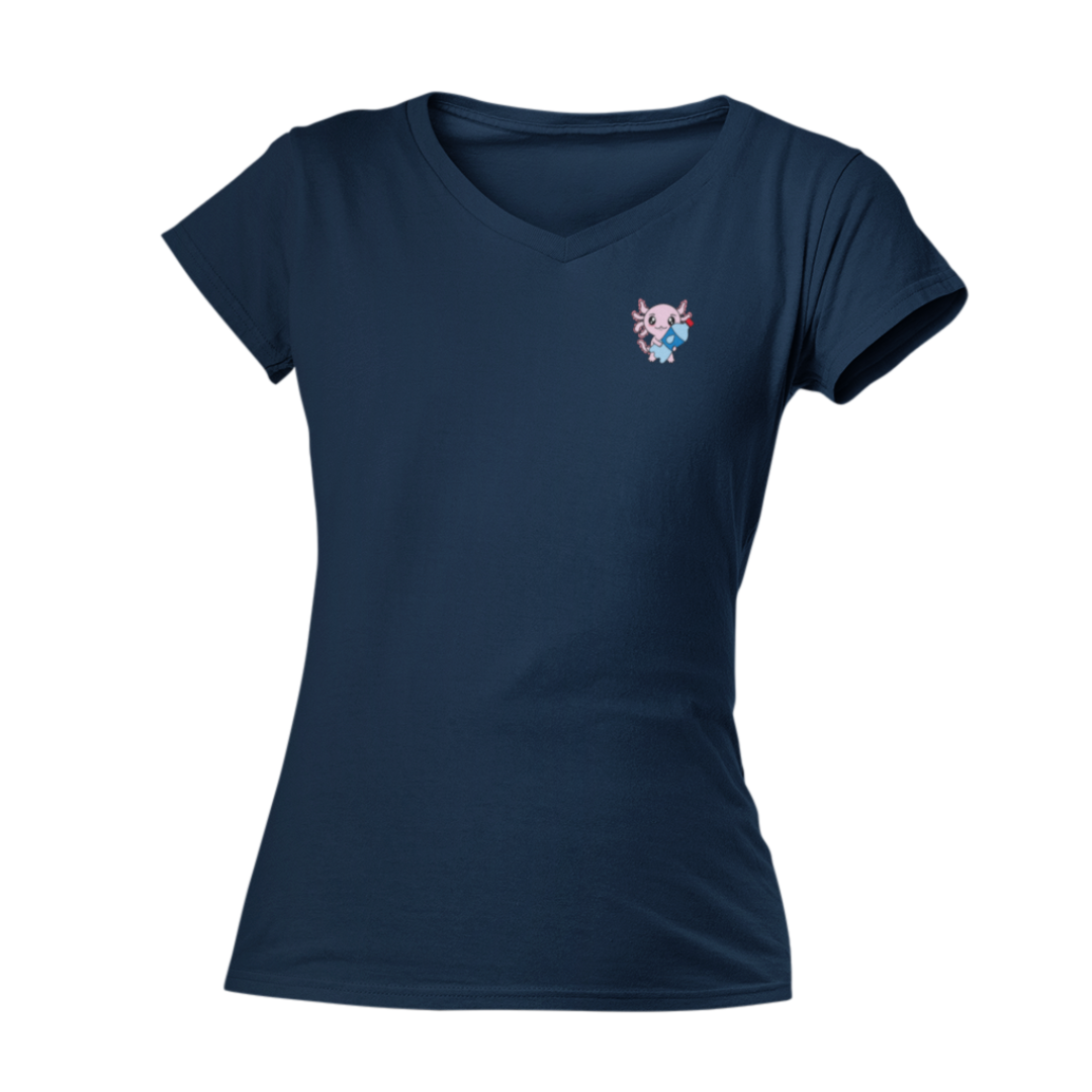 Playera Cuello V Axolotzin Botella Agua Ajolote