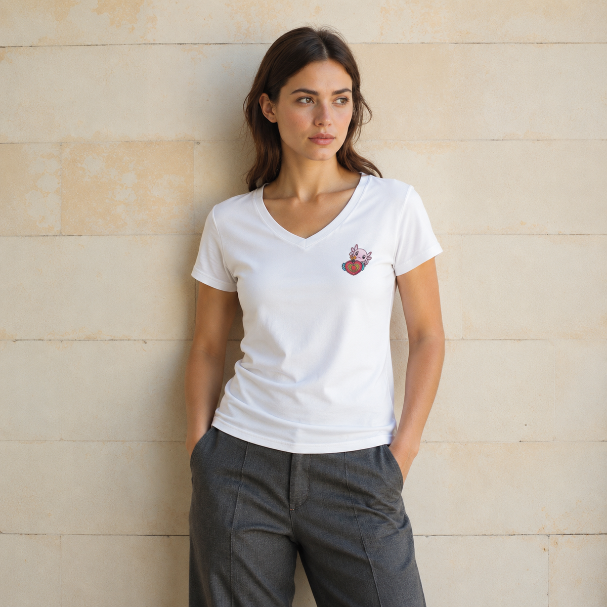 Playera Cuello V Axoloteria El Corazon Ajolote Adulto