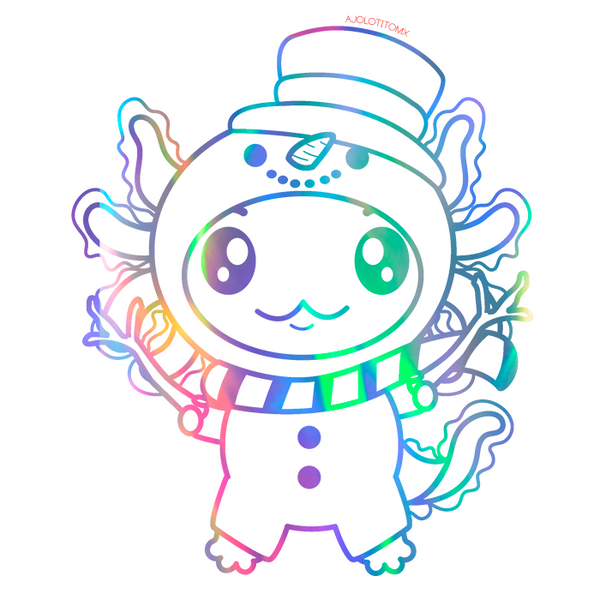 Sticker Holográfico Axolotzin Muñeco De Nieve Ajolote