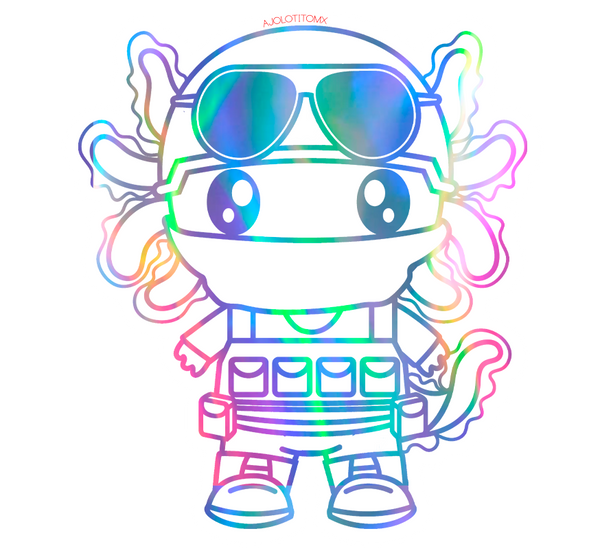 Sticker Holográfico Axolotzin Militar Ajolote