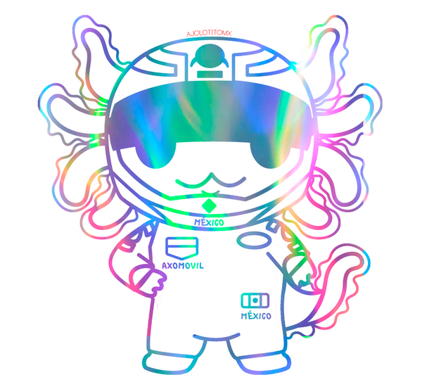 Sticker Holográfico Axolotzin Piloto De Carreras Ajolote